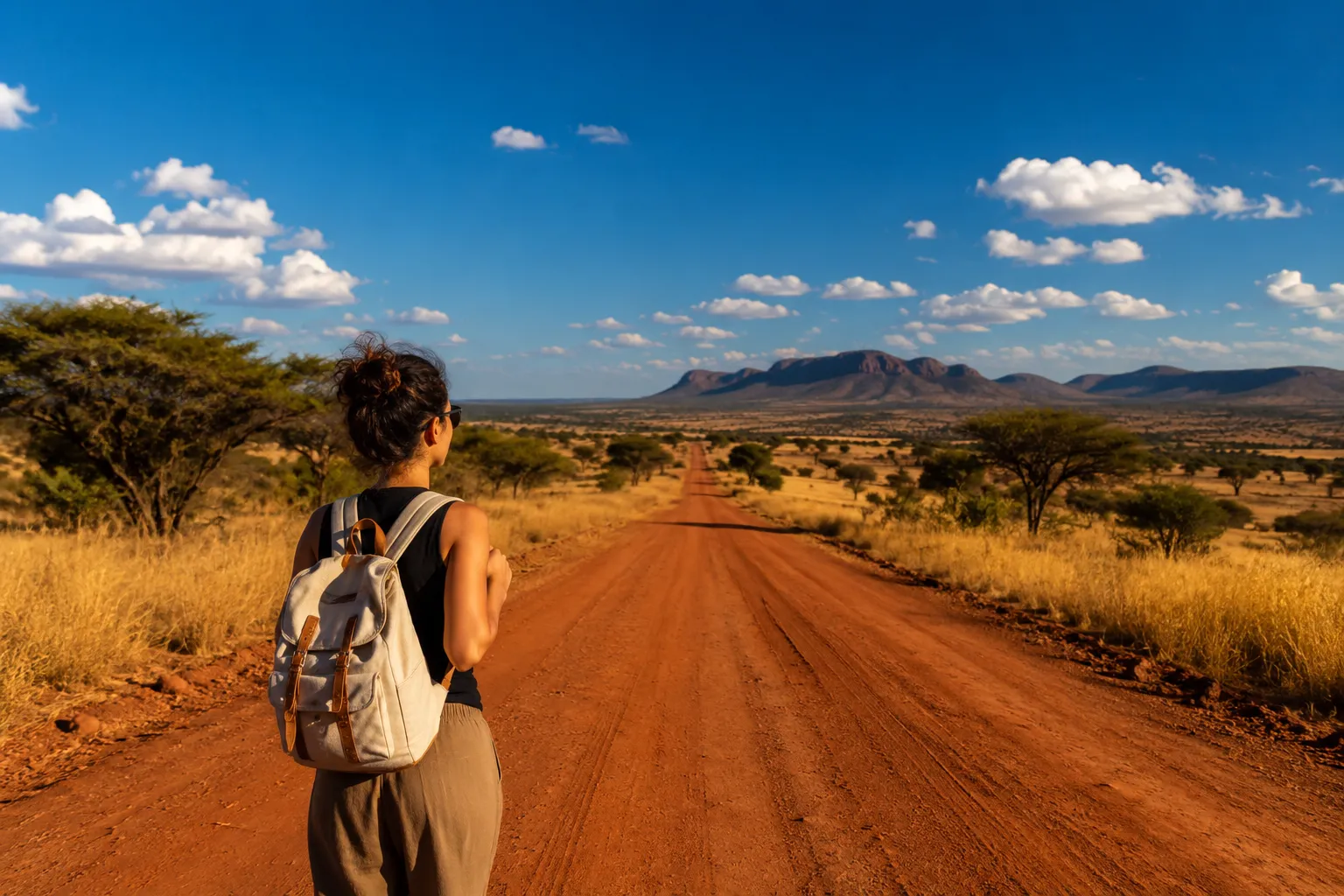 Alleenreizende vrouw met rugzak kijkt uit over een rode zandweg door het Angolese savannelandschap