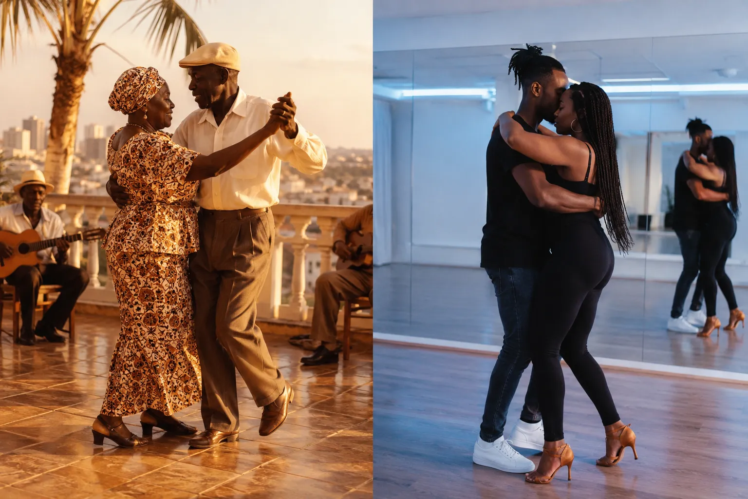 Traditionele semba op een terras in Luanda tegenover een moderne kizombales in een dansstudio