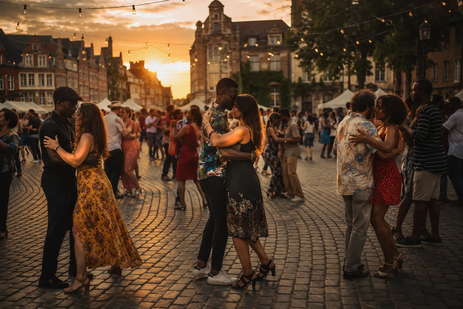Koppels dansen kizomba op een openluchtfestival tijdens het gouden uur